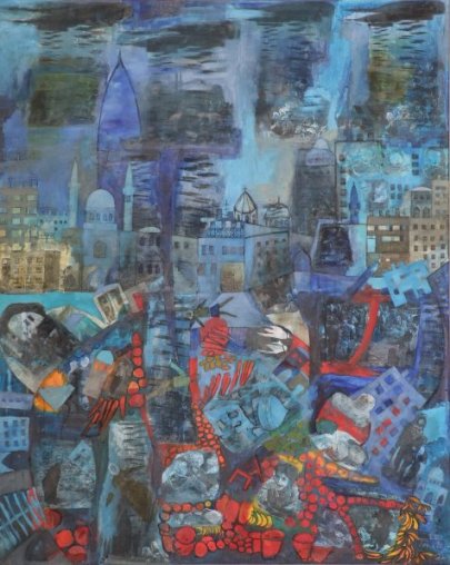 Grnnsakmarkedet i Gaza (Triptykon II) - Akryl/collage p lerret - 100 x 80